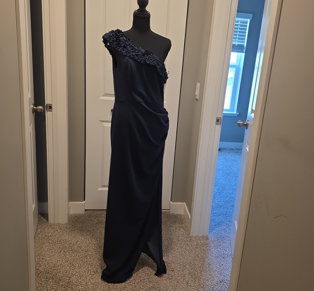 Oleg Cassini One-Shoulder Navy Gown with Floral Applique